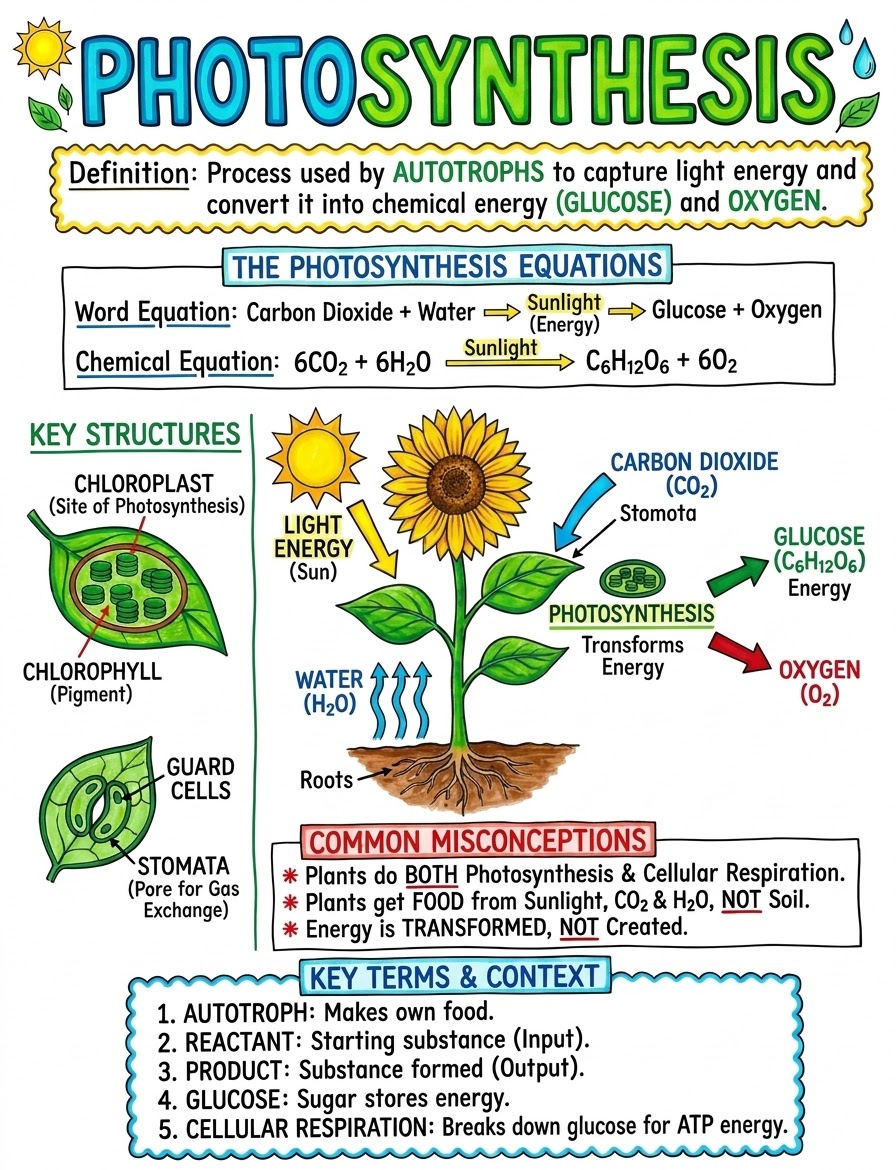 Selected photosynthesis anchor chart with a sunflower, equations, labeled inputs and outputs, and key vocabulary